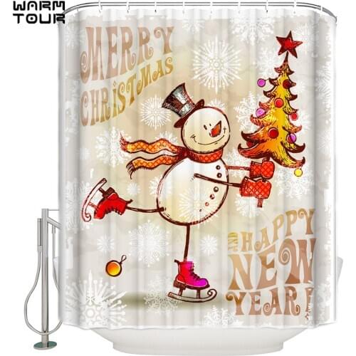 WARMTOUR Shower Curtain Happy New Year Merry Christmas Extra Long Fabric Bath Shower Curtains Bathroom Decor with Hooks