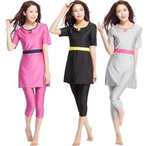 Female Quick Dry Swim Wear Short Sleeve Shirts+Half Pants Girl Bathing Suit Size S-XXXL Summer Women Elastic Muslim Swimsuit