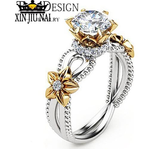 Yellow Gem Rose Sunflower Hollow Design Flower Wedding Rings for Women Charm Trendy Rings with Zircon Party Jewelry bague femme