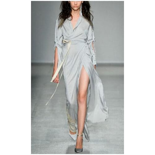 2016 fashion sexy placketing exquisite elegant ladies full dress one-piece dress long grey shirt dress