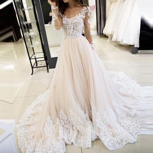 E JUE SHUNG Blush Pink Long Sleeve Wedding Dresses A line Backless Lace Sheer Scoop Neck Bridal Gowns Vestido de novia