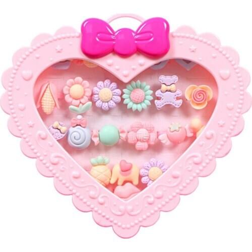 20pcs/set Girl Resin Jewelry Rings With Love Pink Gift Box Safe Pretend Play Beautiful Jewelry Christmas Gift Toys For Children