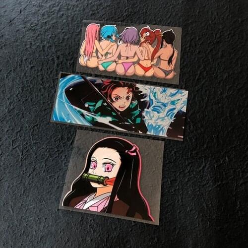 3PCS Car Stickers Guitar Auto Rear Windshield Decals for Classic Cartoon Anime Demon Slayer Kamado Tanjiro Kamen Nidouzi