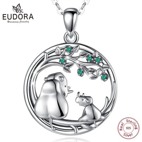 EUDORA 925 Sterling Silver Rhino Mother Baby Pendant Tree of Life Green CZ Necklace Fashion Jewelry for Women Girl cyd632