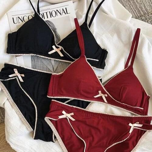 Japanese Lingerie Set Cotton Thin cup with pad fashion bow Bra Set Women Bra Panties Set Comfort small girls student Underwear