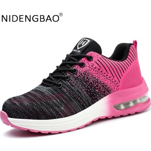Women Safety Shoes Men Sneakers Fly Weave Breathable Air Cushion Damping Walking Running Sports Shoes Lady Male Working Footwear
