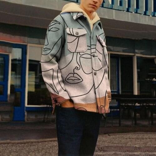 Mens Printed Loose Casual Jacket Spring New Lapel Fashion Single-breasted Tooling Jacket Japanese Streetwear Coat Men Clothing