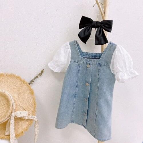 Summer Girls Dress Denim Dresses Stitching Lace Hollow Embroidery Short-Sleeved Princess Dresss Baby Kids ChildrenS Clothing