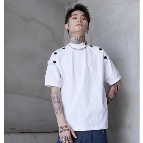 2021 summer new black white half high collar short sleeve T-shirt half sleeve slim fit large size Top Mens Yamamoto style