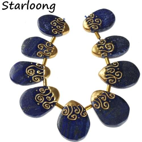 Natural Raw Gem Stone Geode Top Drilled Lapis Lazuli with Slab Slice Gold Edged Loose Strand Nugget Beads for DIY Jewelry Making