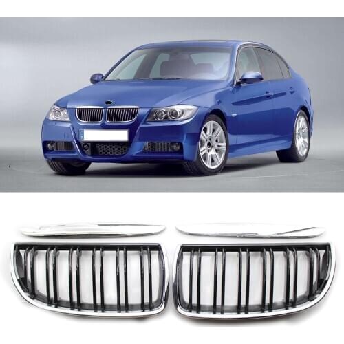 A Pair Chrome Frame Car Front Bumper Kidney Grill Grilles for BMW 3 Series E90 E91 2005-2008 320i 328i Double Line Car Styling