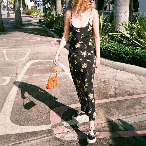 Floral Maxi Dress Sling Sleeveless Black Dress Ankle-length Long Dress Straight Backless Sexy Dresses Vintage Streetwear