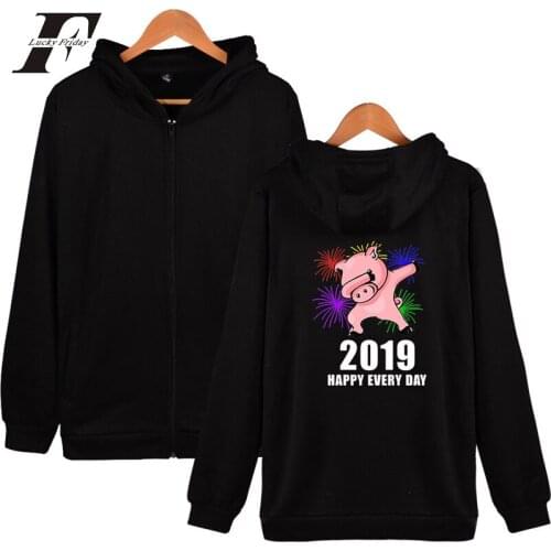 Happy every day pig funny cartoon print fashion zipper men women hoodies jacket casual zip up long sleeve hooded sweatshirts top