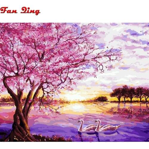 Diy 5d Diamond Painting Cherry blossom lake swan Cross Stitch Square Round Diamond Embroidery Handwork Rhinestone Art