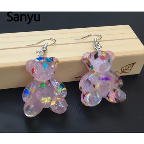 Creative Hadmade Shining Transparent Colorful Bears Drop Earrings for Women Girls Irregular Sequins Funny Animal Dangle Earrings
