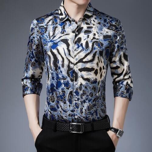 Blue Leopard Print Silk Shirts Mens Elegant Stylish Large Size Mens Clothing Fashion Trends Unusual Satin Dress for Stout 2021