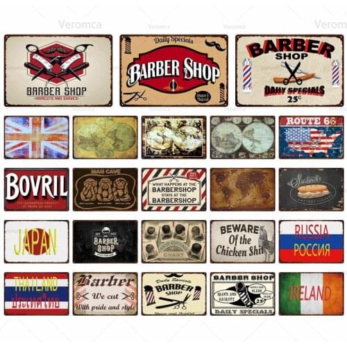 Us Route 66 Plate Vintage Haircut Sign Metal Tin Sign Plaque Retro Map National Flag Wall Art Poster Man Cave Barber Shop Decor