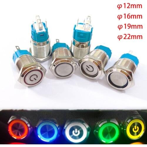 12/16/19/22mm Waterproof Metal Push Button Switch LED Light Momentary Latching Car Engine Power Switch 5V 12V 24V 220V Red Blue