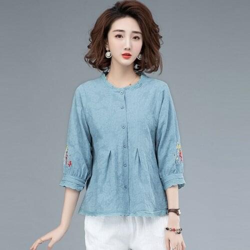 Plus Size Women Cotton Linen Shirts New 2021 Summer Simple Style Lace Collar Vintage Embroidery Loose Female Casual Tops S3372