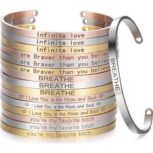 10pcs/lot Customized Stainless Steel Mantra Bangle Engraved Inspirational Bracelet Width 4mm Open Bangle SL-008*10