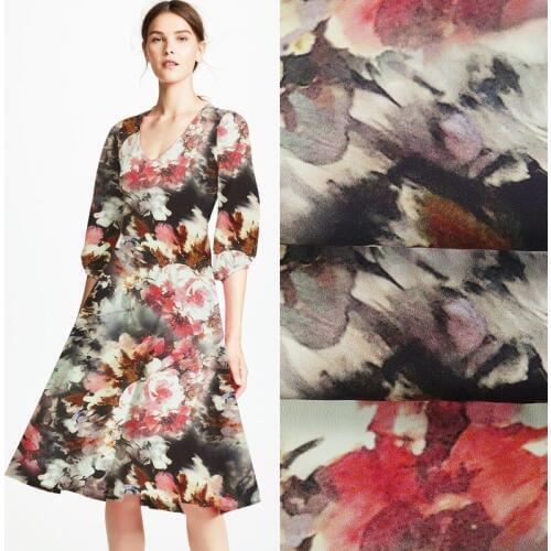 114CM 40MM Gray Red Floral Print Stretch Heavy Silk Fabric for Summer Spring Dress Blouse Skirt Shirt Pants JH080