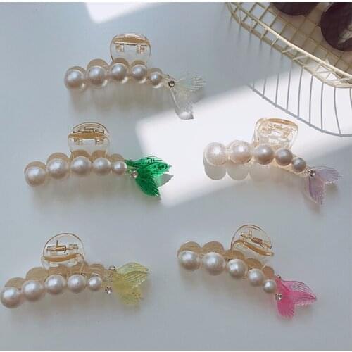 Sweet Candy Color Pearl Fishtail Catch Clip Ins Girl Card Hair Accessories for Women