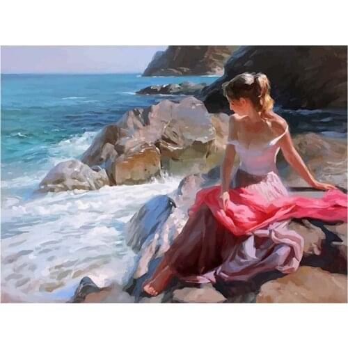 5D Diy Diamond Painting Girl sitting by the sea Full Square round Drill Cross Stitch Mosaic Diamond Embroidery RhinestoneZP-2599