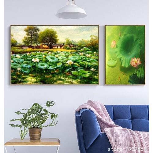 No frame Chinese impression lotus flowers scenery canvas printings oil painting printed on cotton wall art decoration picture