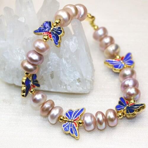 Natural 9-10mm purple freshwater cultured pearl beads charms women bracelets & bangles butterfly cloisonne jewelry 7.5inch B2974