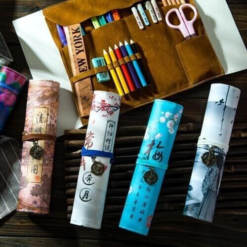 Portable Pencil Case Chinese PU Lovely Pen Curtain High Capacity Rolling Stationery Storage Bags Vintage Estuches Escolares