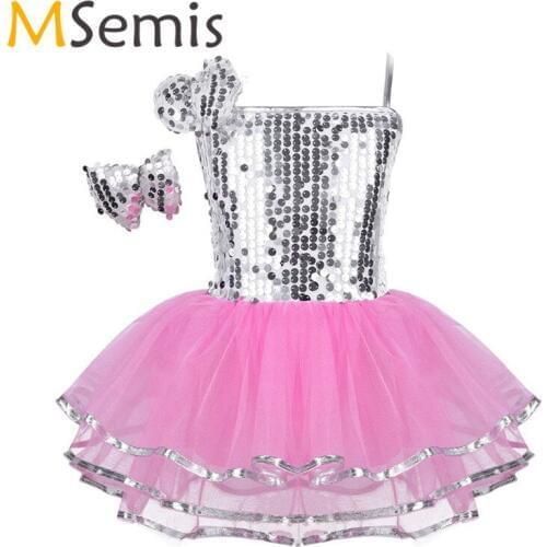 Kids Girls Jazz Dresses for Girls Contemporary Costume Sequins Mesh Ballet Dress with Hairclip Set for Modern Stage Performence