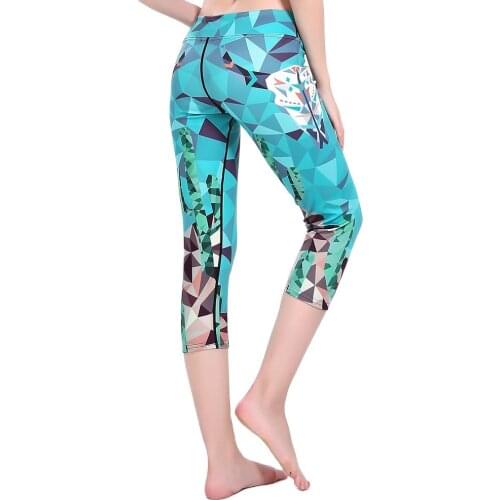 New High Quality Women Yoga Capris Pants Blue Geometric Printing Girls Summer Autumn Running Gym Fitness Pants 3 Patterns