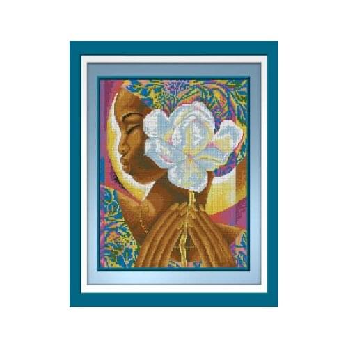 Top Quality hot selling lovely counted cross stitch kit African Girl Lady Woman with white flower lily