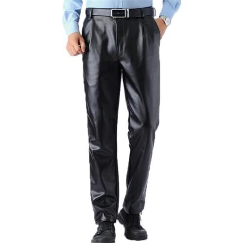 Men Autumn Plus Size Plus Velvet Black Thick Pu Pants Male Winter Waterproof Straight Pu Trousers Man Windproof Warm