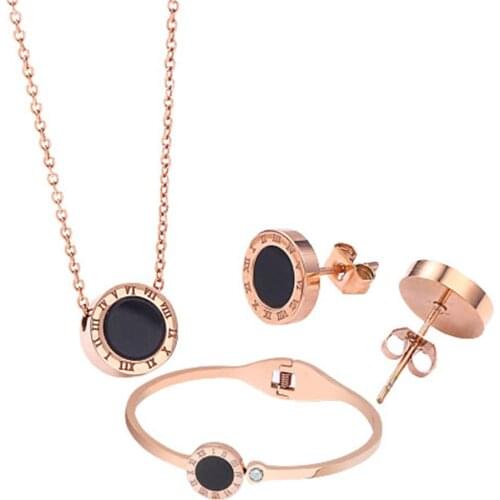 316L Stainless Steel Roman Numeral Wedding Jewelry Set Titanium Steel Rose Gold Necklace Bracelet Earring Ring Set NO Fade