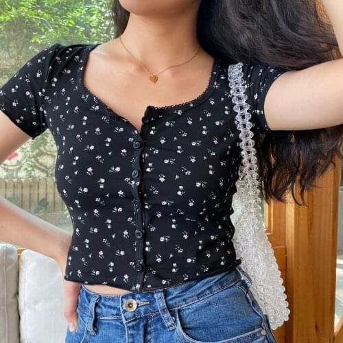 Slim High Waist Open Navel Short Top Womens Round Neck Floral Short Sleeve T-shirt Cardigan