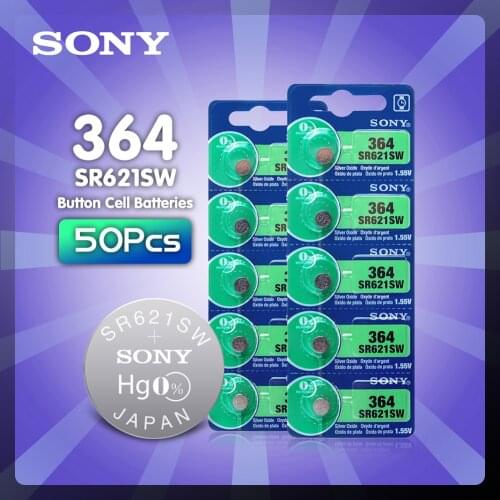 Original Sony 50pcs SR621SW Silver Oxide for Watch 6.8mm*2.1mm AG1 364 164 D364 L621 GP364 Button Cell Coin Batteries