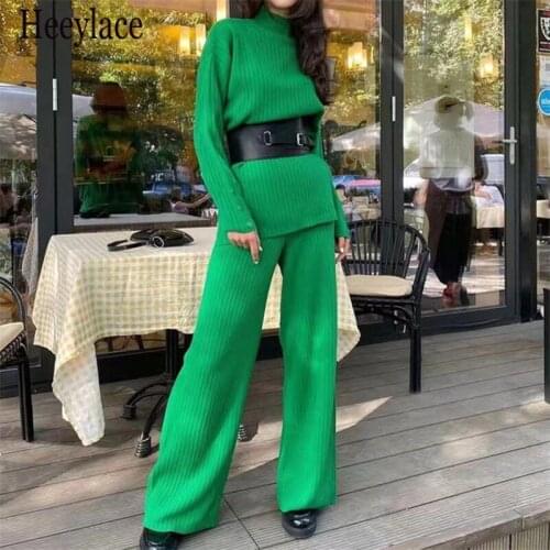 2021 Autumn Winter Women Sets 2 Pieces Turtleneck Sweater Pullovers Wide Leg Long Pants Warm Tracksuit Suits