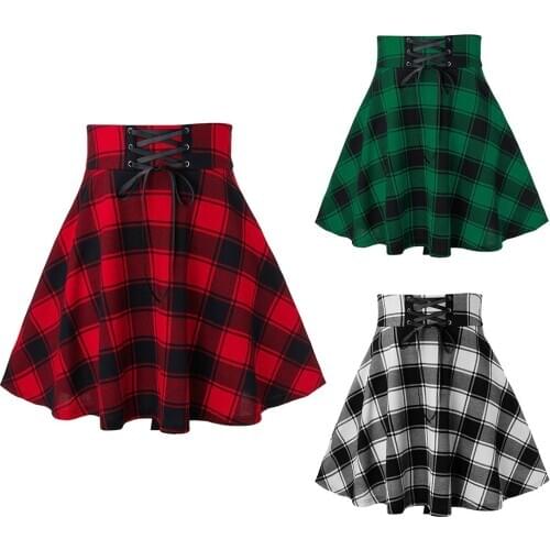 Sexy Tennis Faldas Student Plaid Print Pleated Skirt Summer High Waist A-line Mini Short Skirts Women Casual Lace-Up Slim Dress