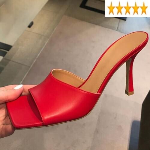 New Open Summer Brand Womens High Sandals Luxury Genunine Leather Square Toe Comfort Thin Heels Female Party Shoes
