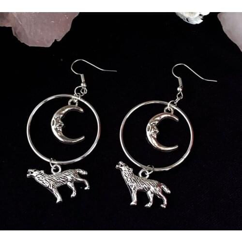 Wolf Hoops Earrings, Dangling Earrings, Wolf Moon Jewelry, Little Wolf Charm, Wolf Lover Gift, Gift for Her, Pagan Jewelry,Gift