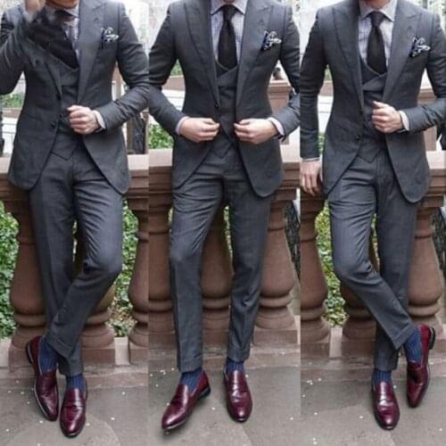 High Street Grey Men Suits for Wedding Peaked Lapel Slim Fit Groom Tuxedo Best Man Blazers Jacket 3Piece Coat Pants Vest Homme