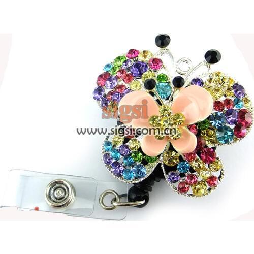 Wholesale Vintage Crystal Mixcolor Rhinestone Butterfly Retractable Reel ID Badge Holder