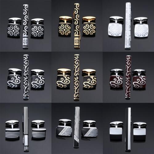 High Quality Cuff links and tie pin for mens gift necktie clip Classic pattern tie bars cufflinks tie-clip set Men Jewelry