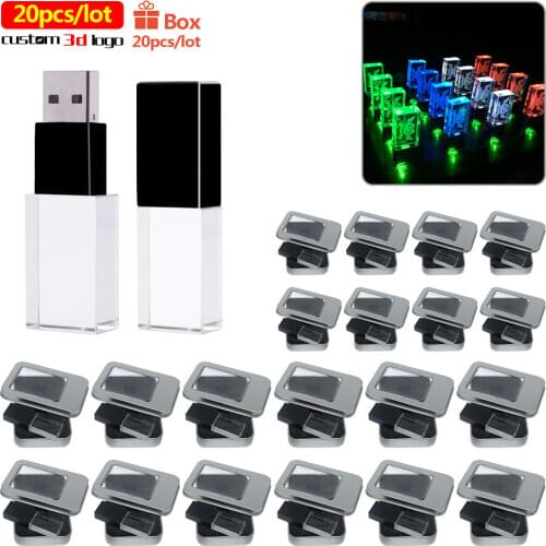 20pcs/lot High Speed Crystal USB Flash Drive 2.0 with LED 4GB 8GB 16GB 32GB 64GB Flash Disk 128GB U Stick Pendrive Wedding Gift