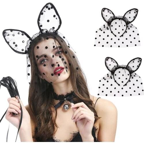 Women Sexy Mesh Cat Ears Headband Ruffles Lace Polka Dot Black Mask Veil Hair Hoop Halloween Cosplay Party Headpiece