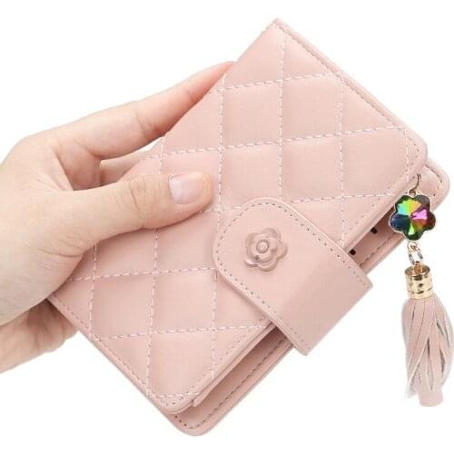 Lingge Women Wallets Short Solid Color Flower Hasp Coin Purses Female Tassel Zipper Pu Leather Credit Card Holder Clutch Bag