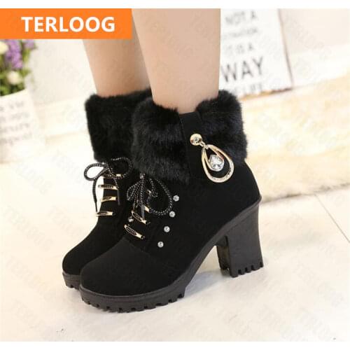 2021 New Winter Women High Heels Shoes Warm Non-slip Block Cow Suede Snow Boots Fashion Designer Crystal Plush Goth Botas