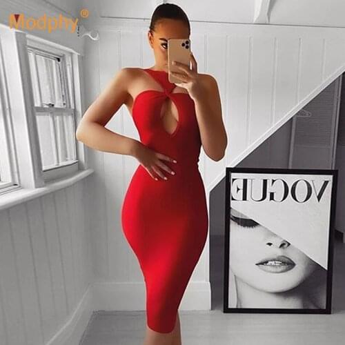 Red Rayon Bandage Dress Sexy Women Sleeveless Hollow Spaghetti Bodycon Midi Club Evening Party Dress 2021 Summer Fashion New