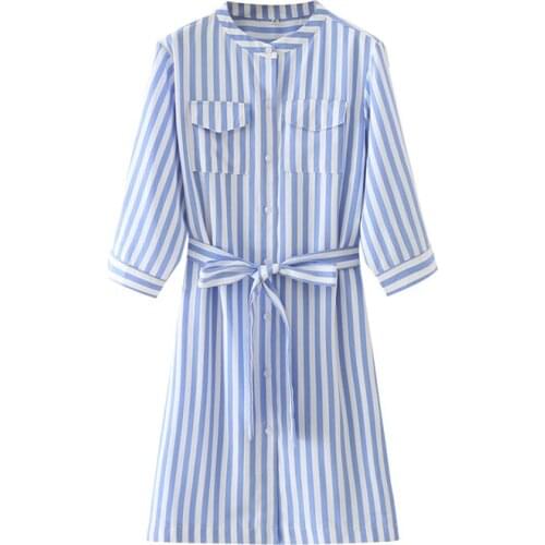 ZA Womens New Stripe Belt Pocket Waist Long Sleeve Dress Temperament Retro Ancient Ways
